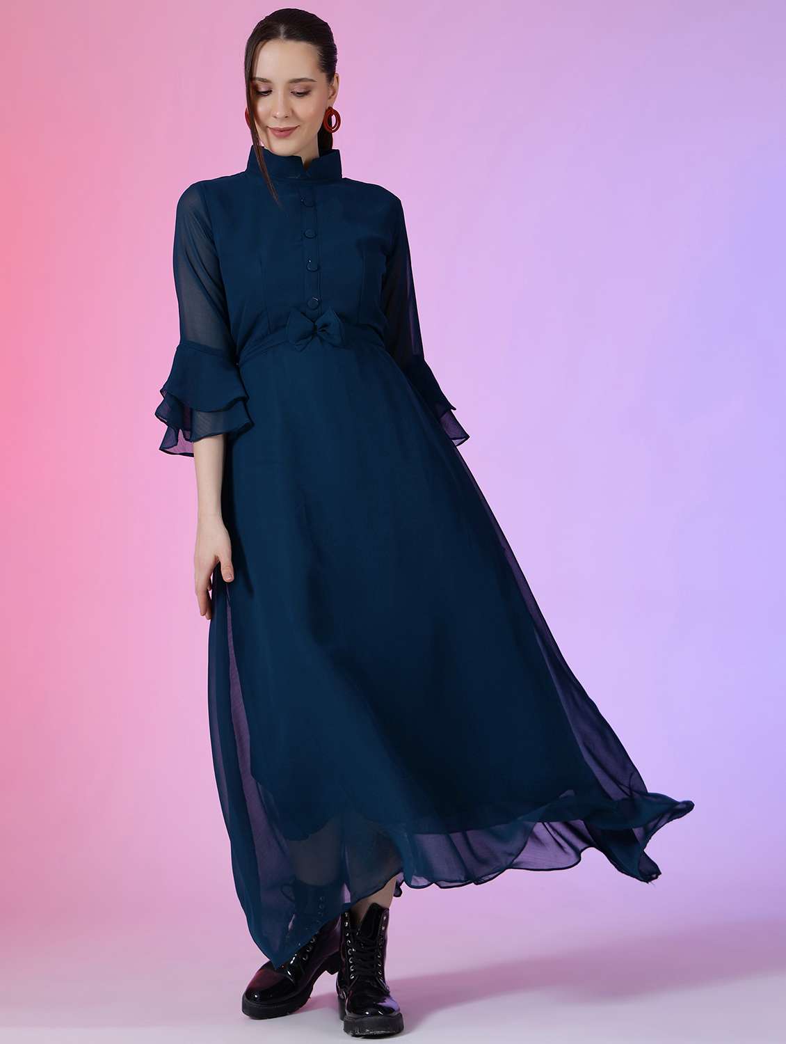 women solid bell sleeve fit & flare dress - 22051810 -  Zoom Image - 0