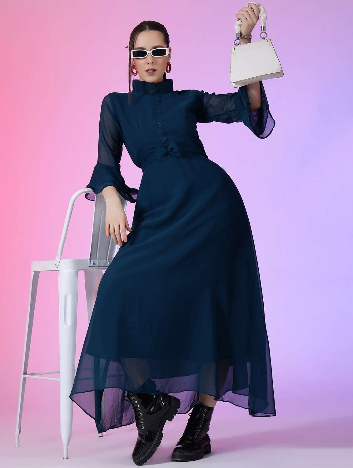 women solid bell sleeve fit & flare dress - 22051812 -  Zoom Image - 0