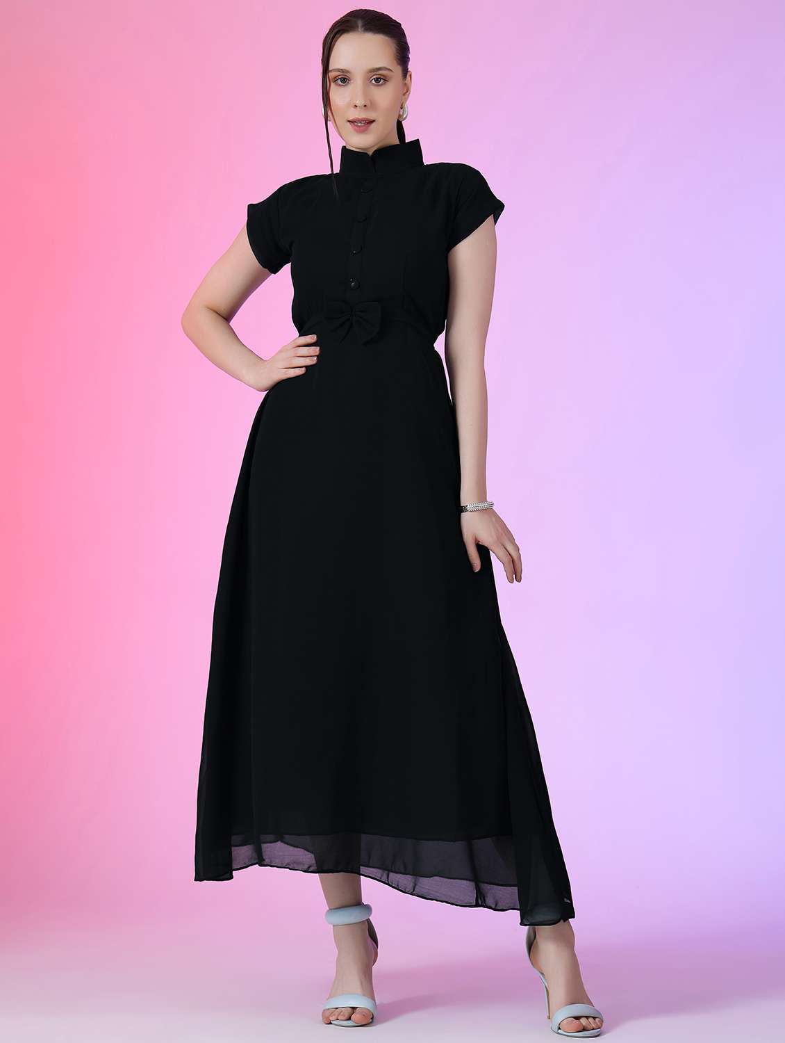 women solid short sleeve fit & flare dress - 22051819 -  Zoom Image - 0