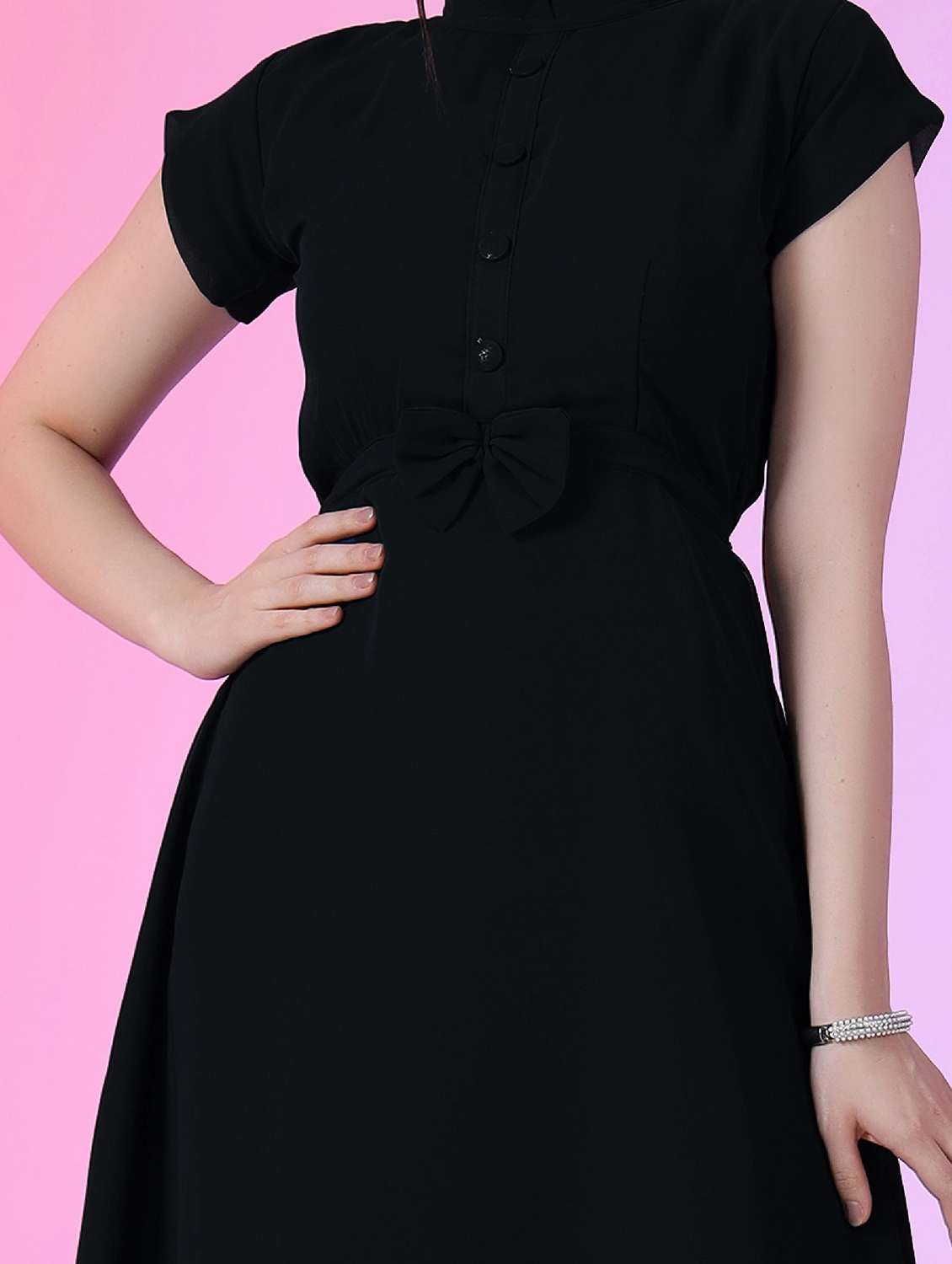 women solid short sleeve fit & flare dress - 22051819 -  Standard Image - 3