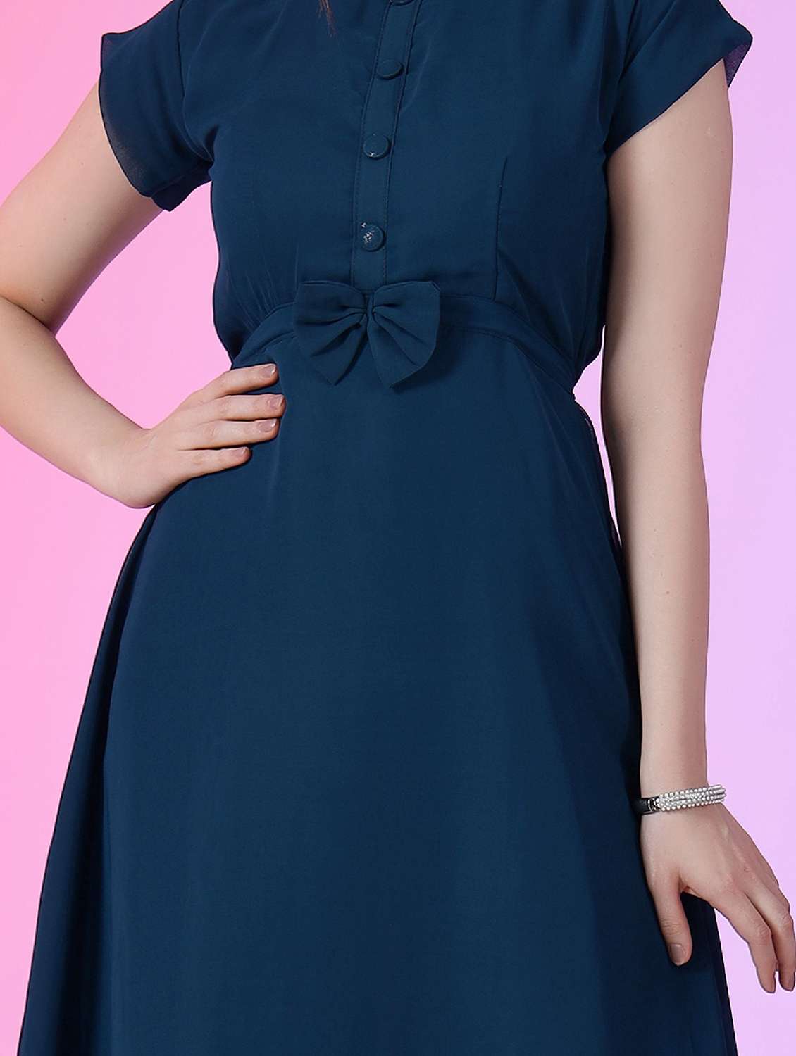 women solid short sleeve fit & flare dress - 22051820 -  Standard Image - 3