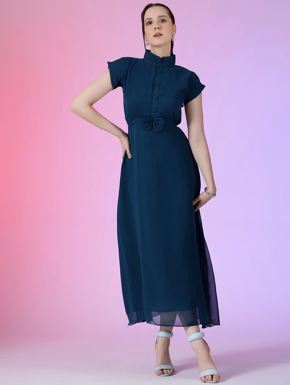 women solid short sleeve fit & flare dress - 22051826 - Zoom Image - 0