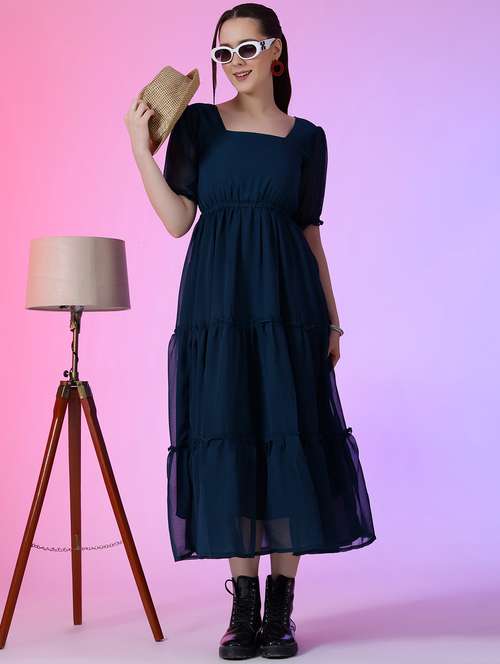 women solid puff sleeve tiered dress - 22051835 -  Standard Image - 0