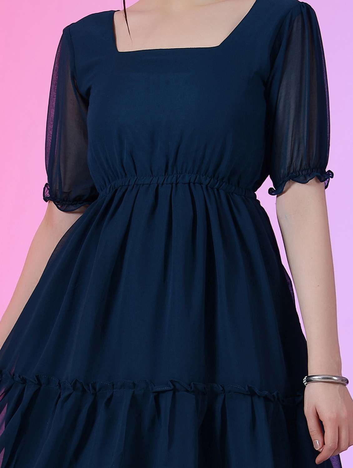 women solid puff sleeve tiered dress - 22051835 - Standard Image - 3