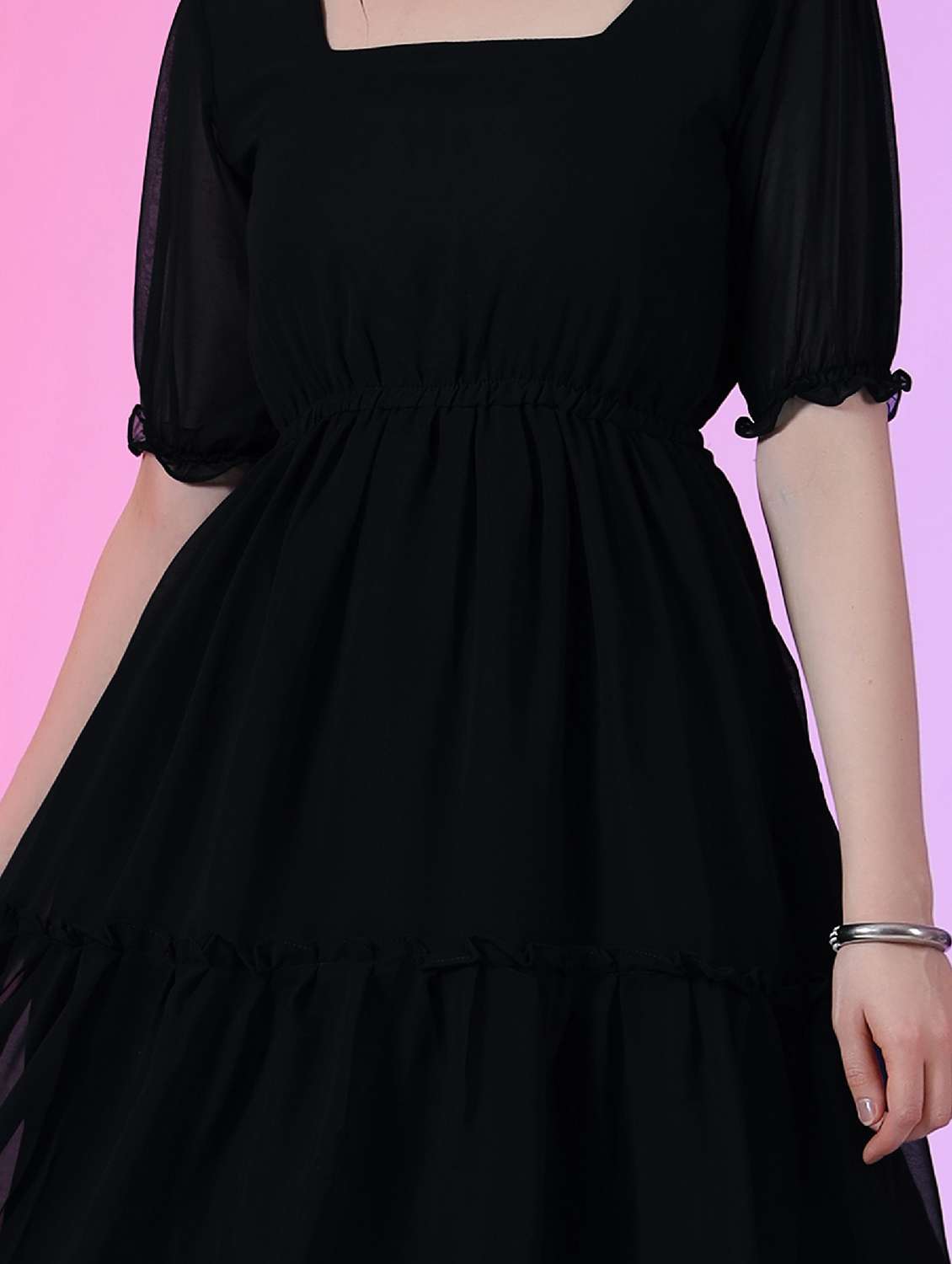 women solid puff sleeve tiered dress - 22051837 -  Standard Image - 3