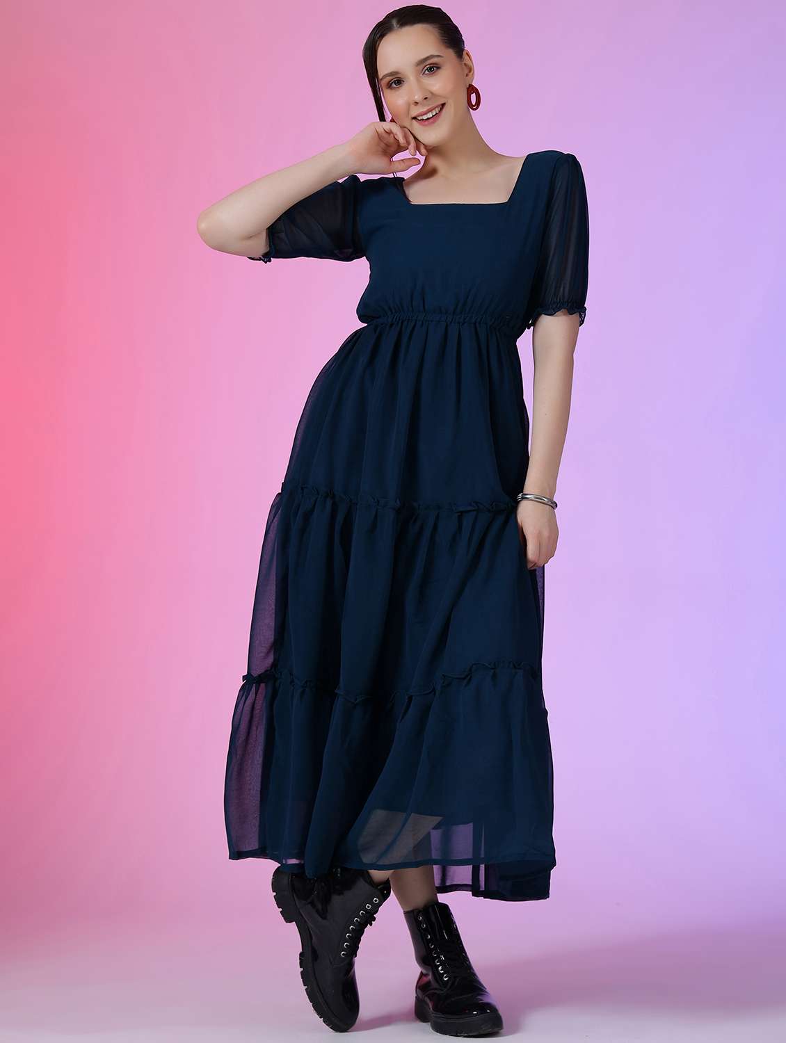 women solid puff sleeve tiered dress
