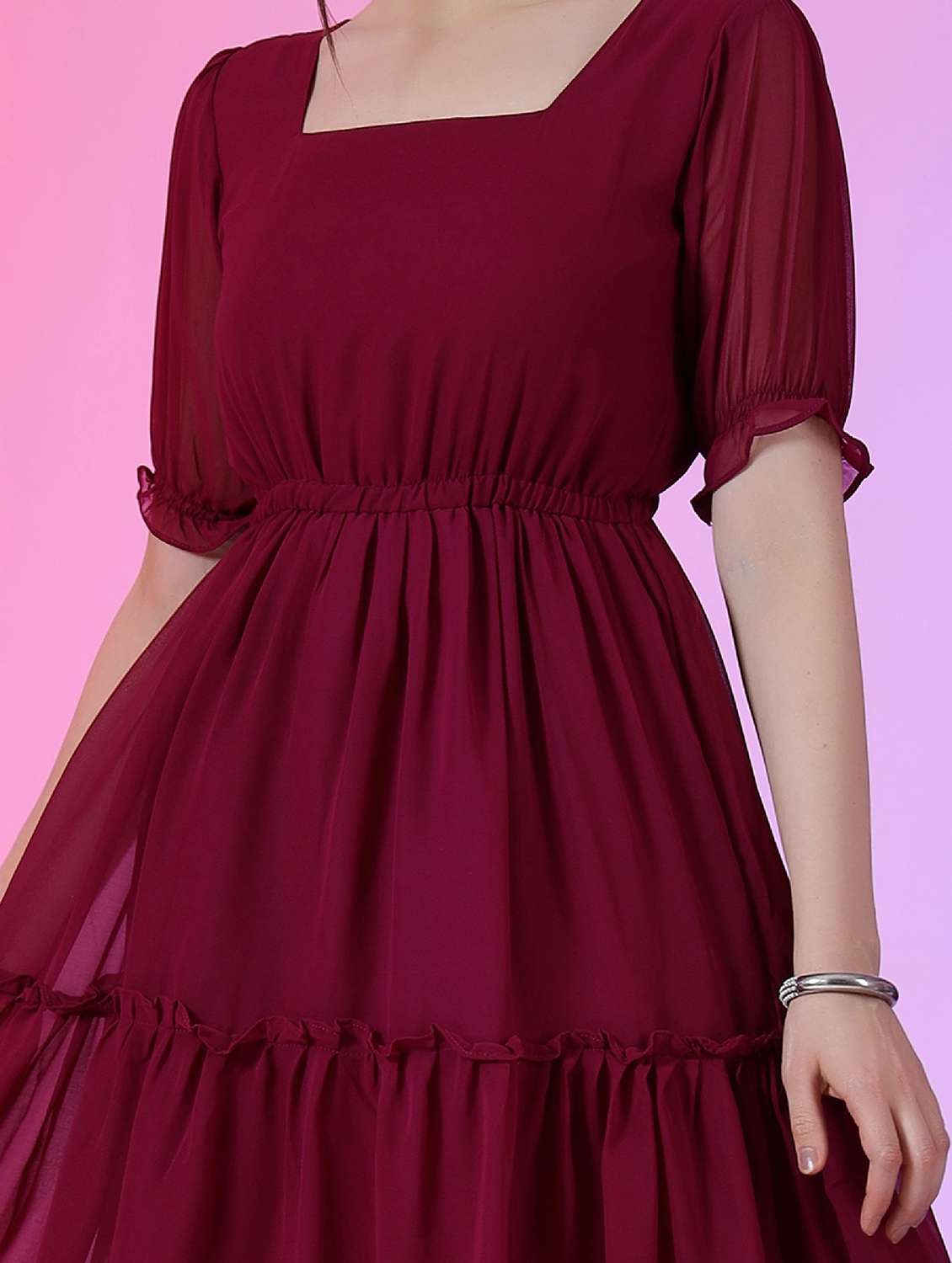 women solid puff sleeve tiered dress - 22051842 -  Standard Image - 3