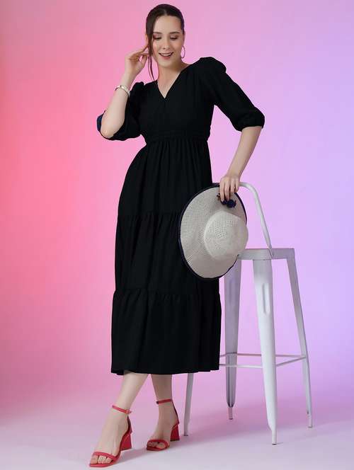 women solid puff sleeve tiered dress - 22051849 -  Standard Image - 0