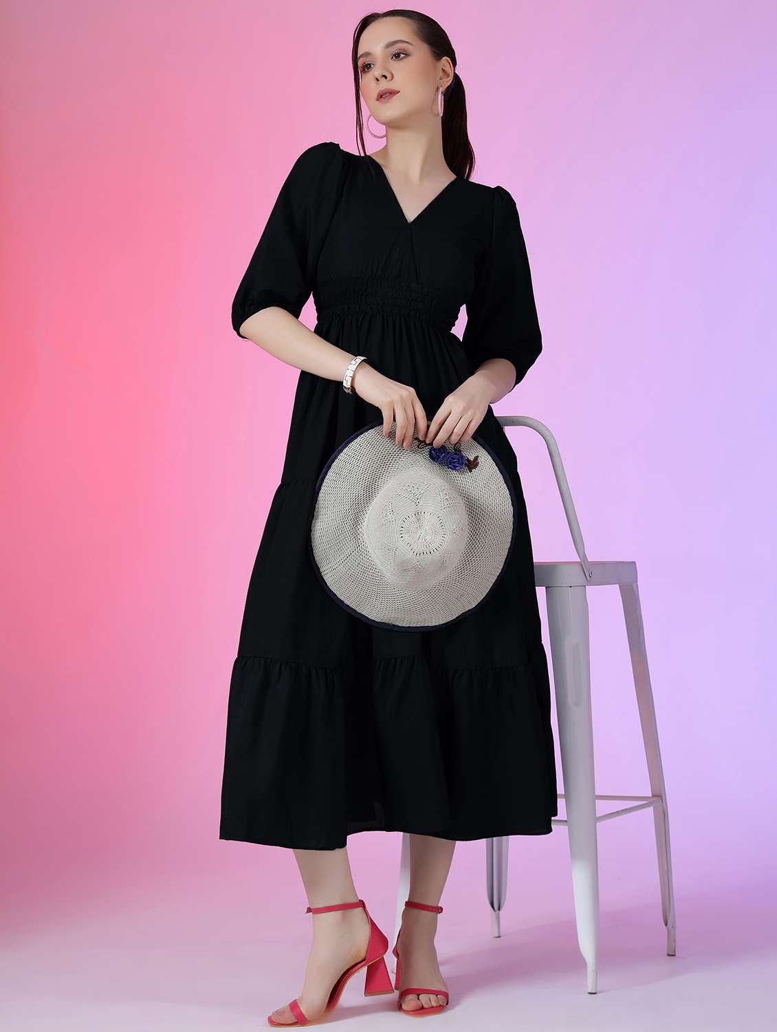 women solid puff sleeve tiered dress - 22051851 -  Zoom Image - 0