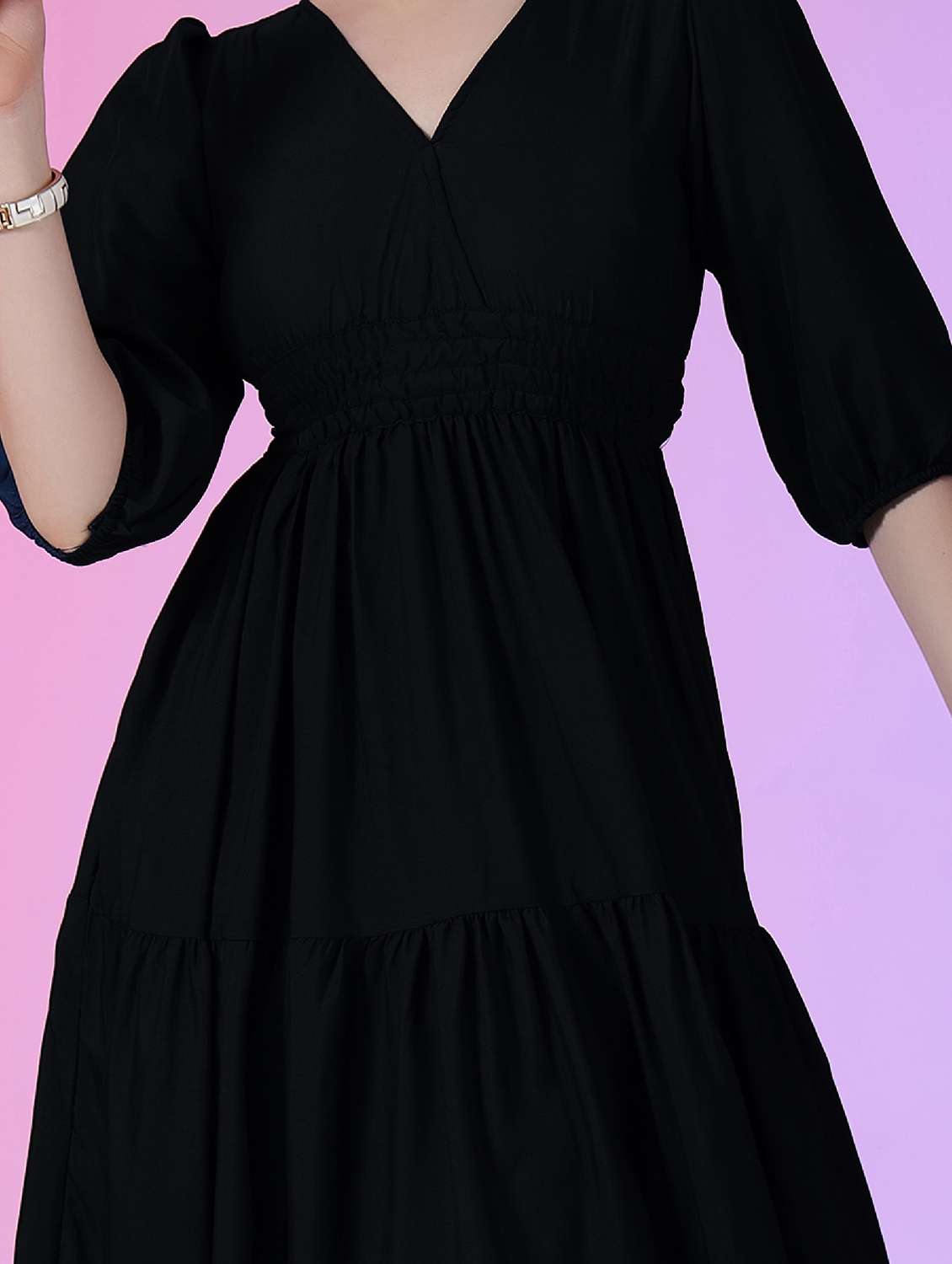 women solid puff sleeve tiered dress - 22051851 -  Standard Image - 3