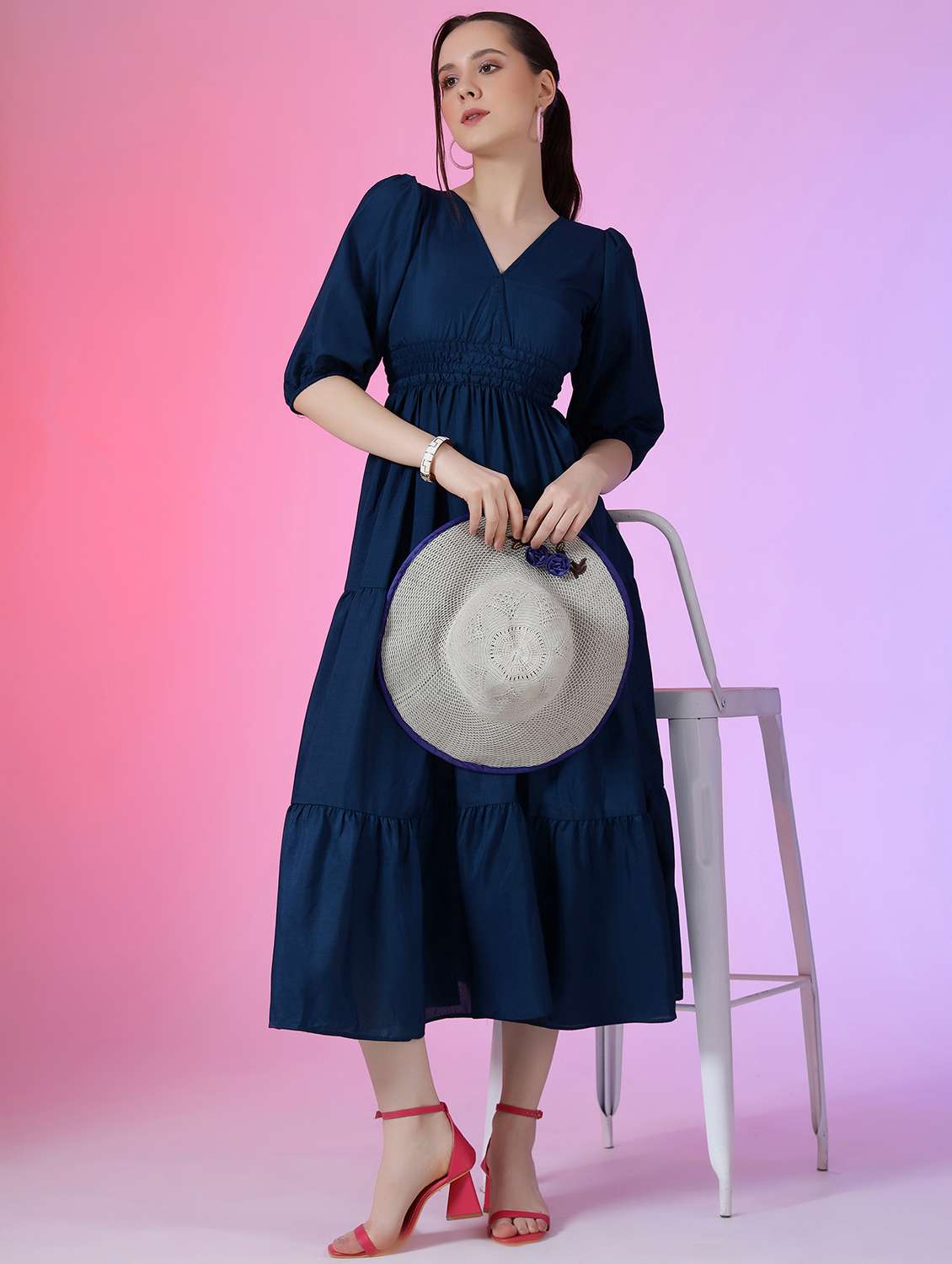 women solid puff sleeve tiered dress