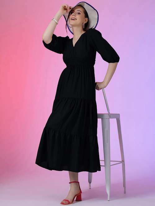 women solid puff sleeve tiered dress - 22051853 - Standard Image - 0