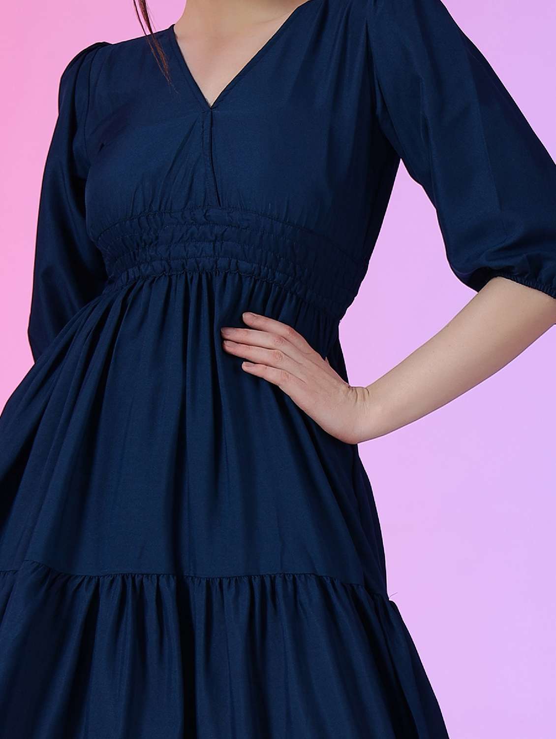 women solid puff sleeve tiered dress - 22051854 -  Standard Image - 3