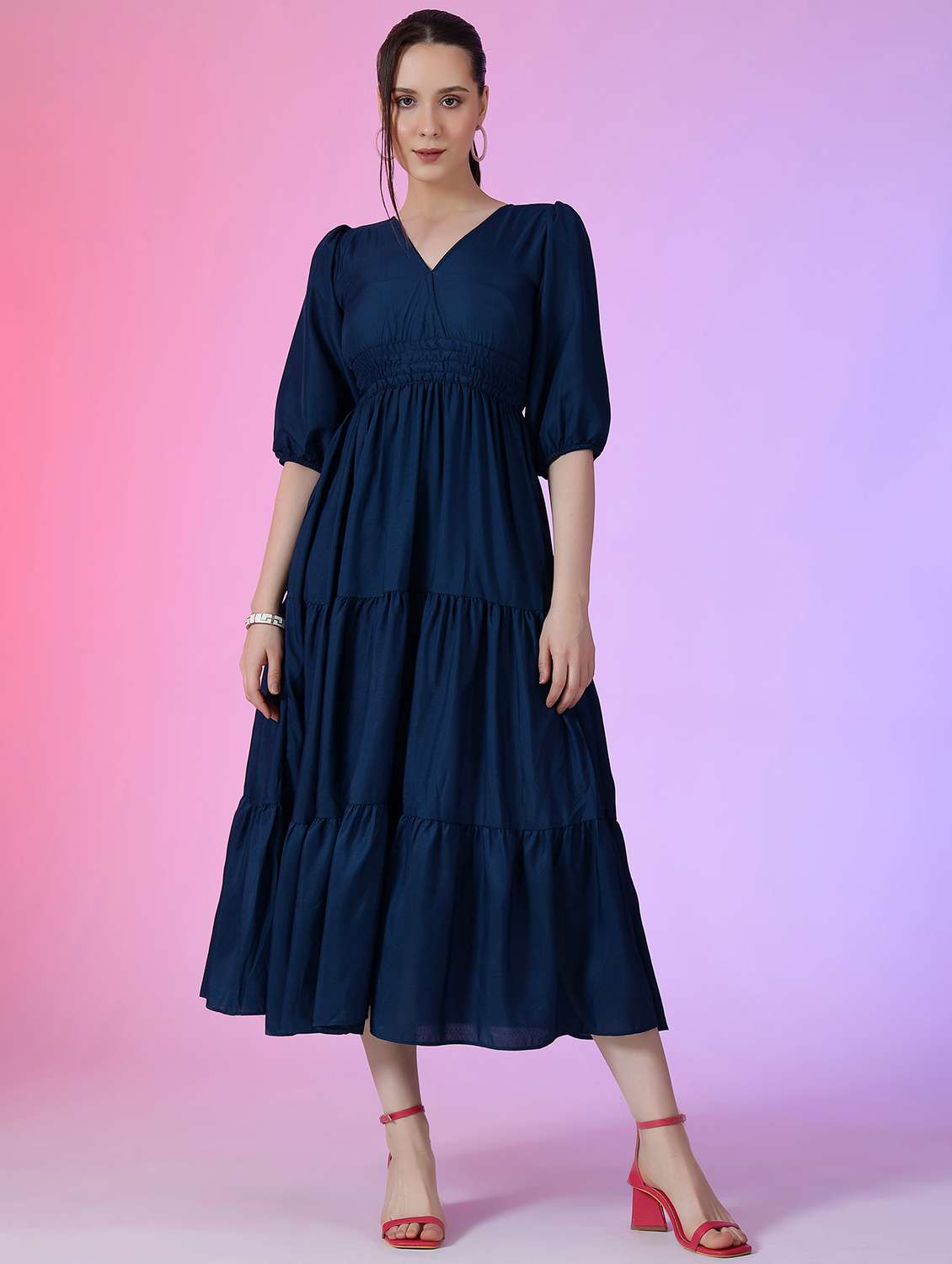 women solid puff sleeve tiered dress