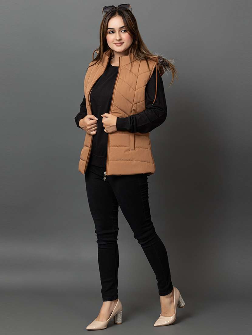 women solid sleeveless hooded parka jacket - 22051953 -  Standard Image - 3