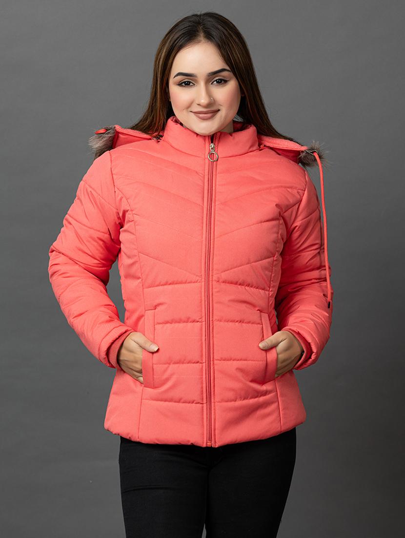 women solid long sleeve hooded parka jacket