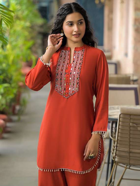women three quarter sleeve regular fit ethnic co-ord set - 22052047 - Standard Image - 3