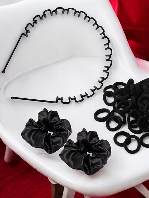 pack of black rubber bands and spiral hair band