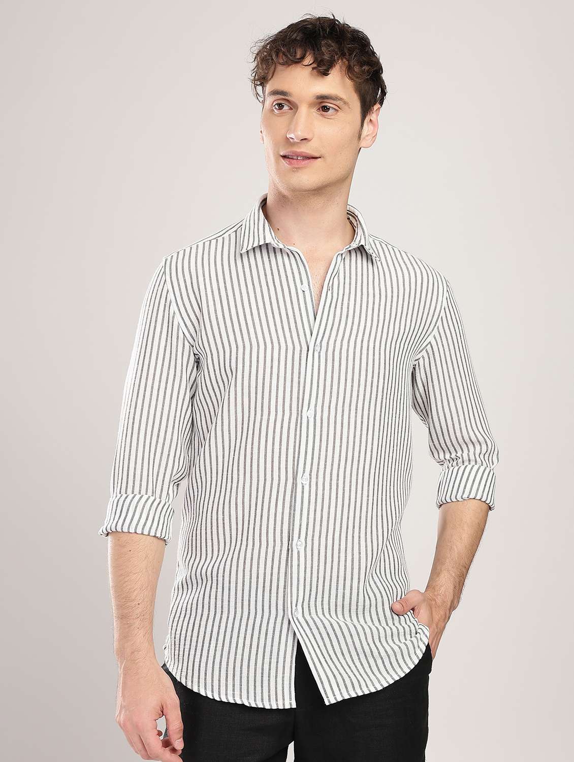 men striped collared long sleeve regular fit shirt