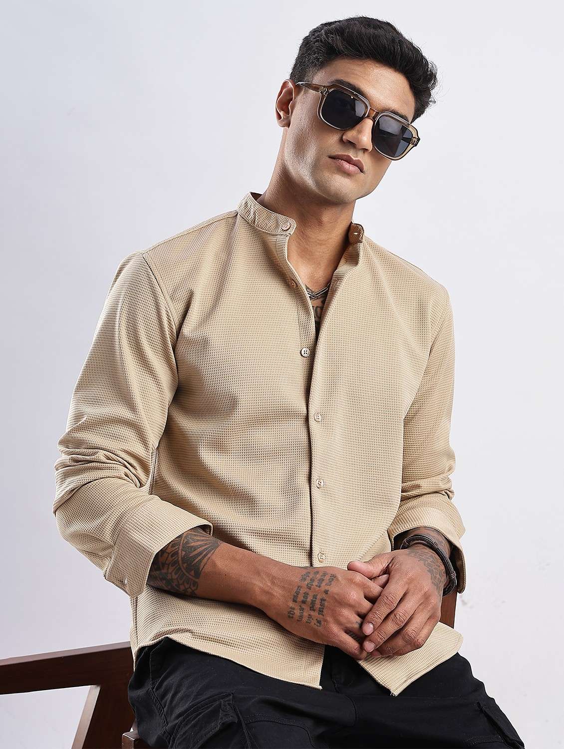 men solid mandarin collar long sleeve regular fit shirt