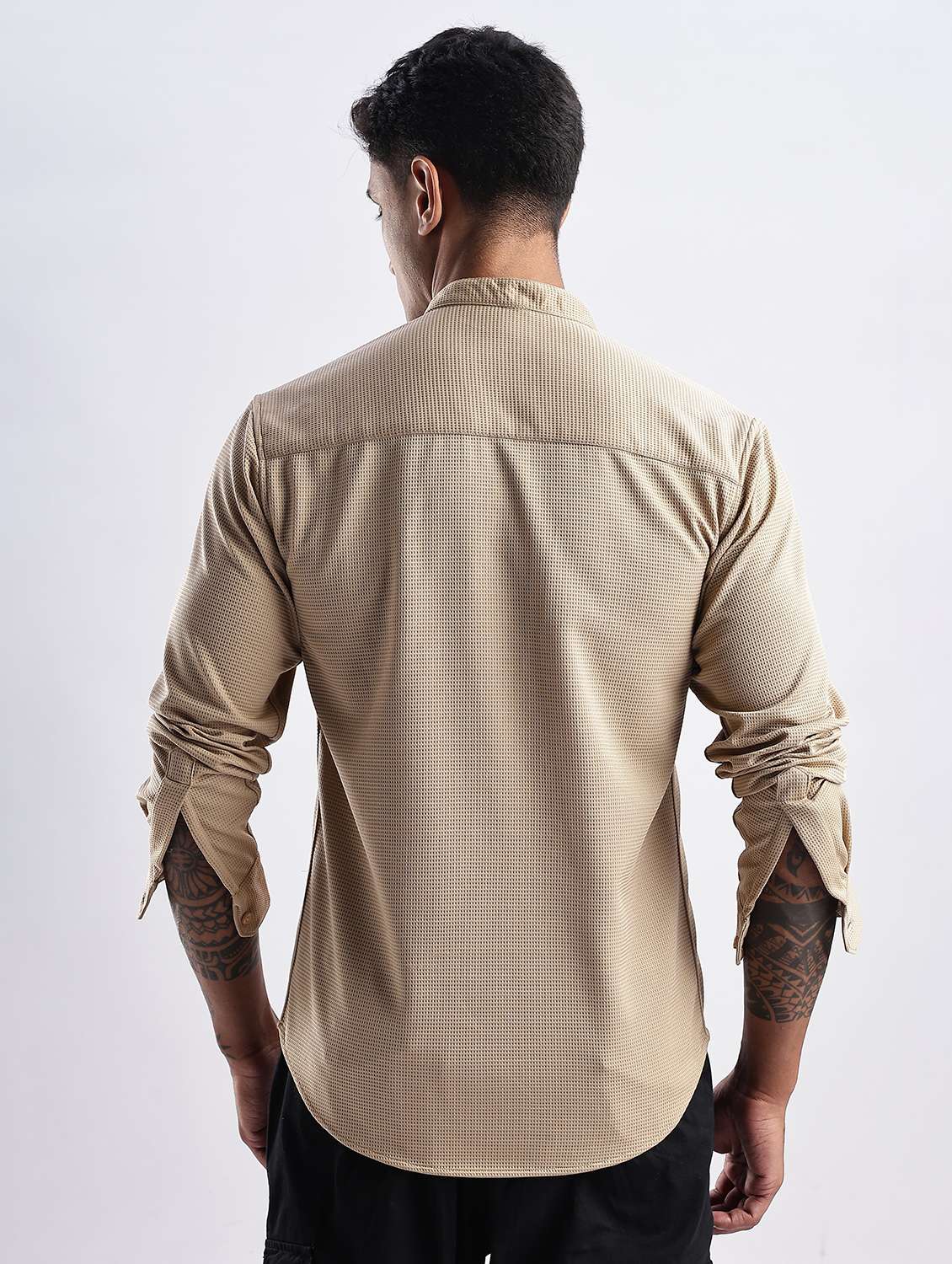 men solid mandarin collar long sleeve regular fit shirt - 22052147 -  Standard Image - 3