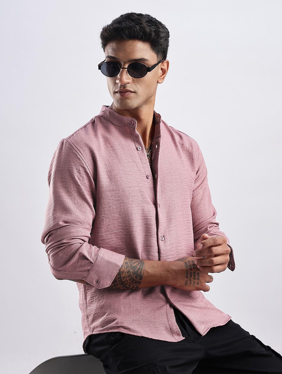 men solid mandarin collar long sleeve regular fit shirt - 22052158 - Zoom Image - 0