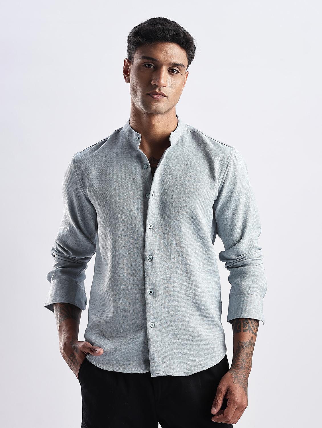 men solid mandarin collar long sleeve regular fit shirt - 22052161 - Standard Image - 3
