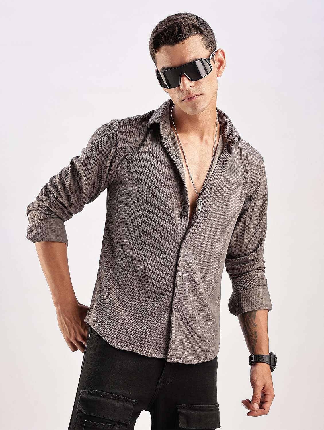 men self design long sleeve regular fit shirt