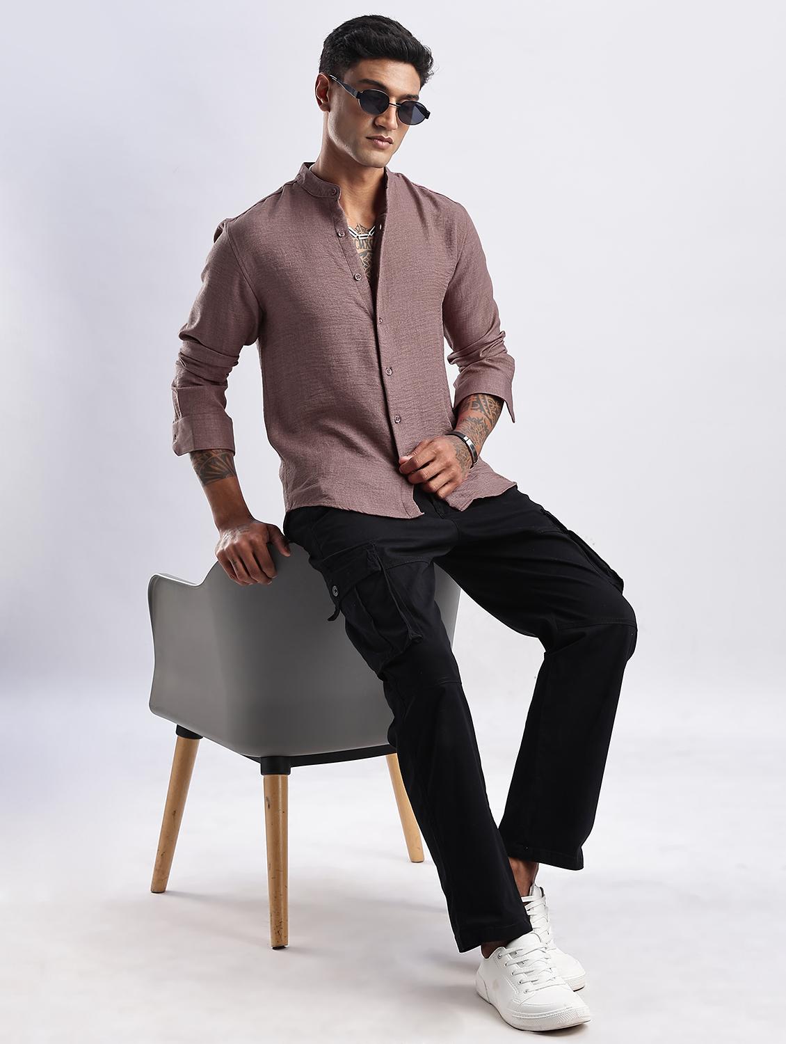 men solid mandarin collar short sleeve regular fit shirt - 22052275 - Standard Image - 3