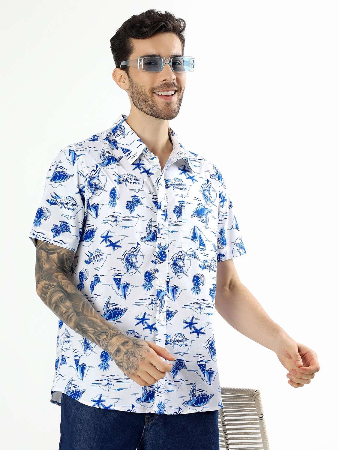 men printed short sleeve regular fit casual shirt