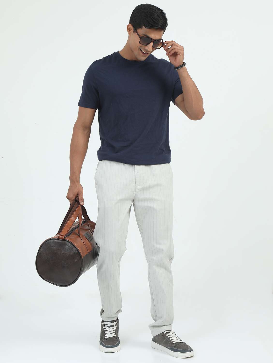men striped mid rise straight fit chinos - 22052408 - Standard Image - 3