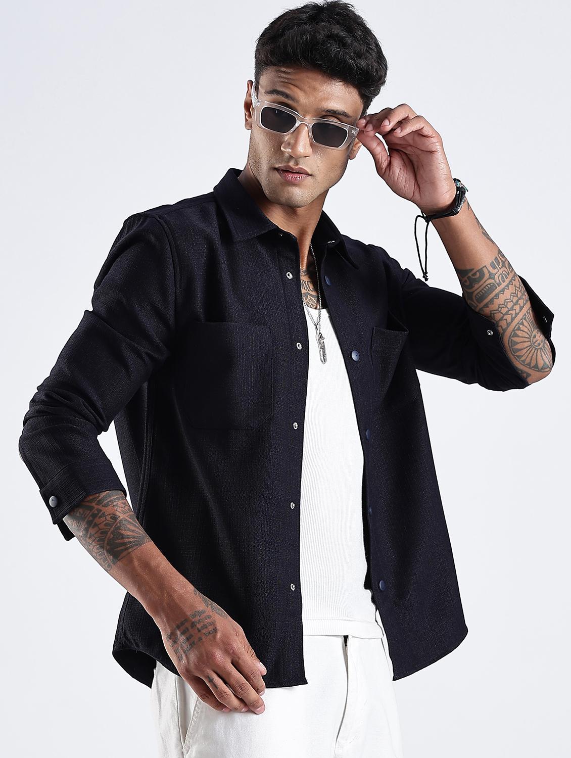 men solid collared long sleeve regular fit shirt