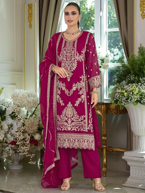 women solid with work long sleeve kurta pant with dupatta set - 22052727 - Standard Image - 0
