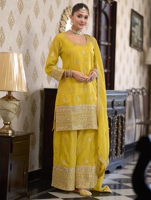 women embroidered three quarter sleeve kurta palazzo with dupatta set - 22052728 - Standard Image - 0