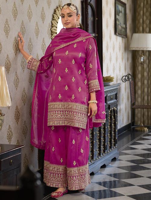 women embroidered three quarter sleeve kurta palazzo with dupatta set - 22052729 -  Standard Image - 0