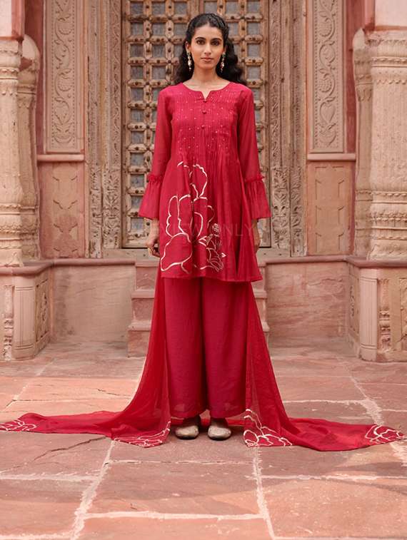 Women Embroidered Long Sleeve Kurta Palazzo With Dupatta Set