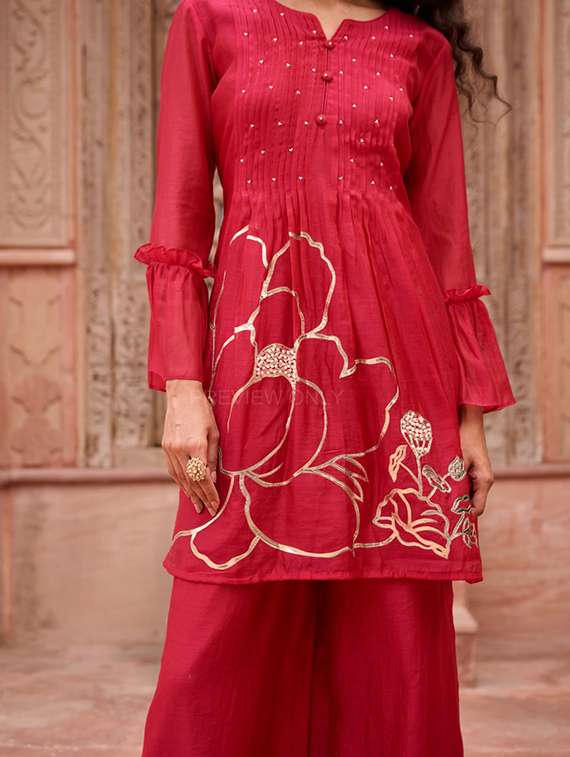 Women Embroidered Long Sleeve Kurta Palazzo With Dupatta Set