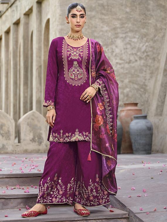 women embroidered long sleeve kurta palazzo with dupatta set