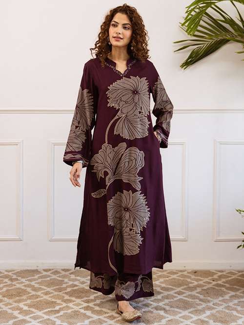 women floral printed long sleeve kurta palazzo set - 22052751 -  Standard Image - 0