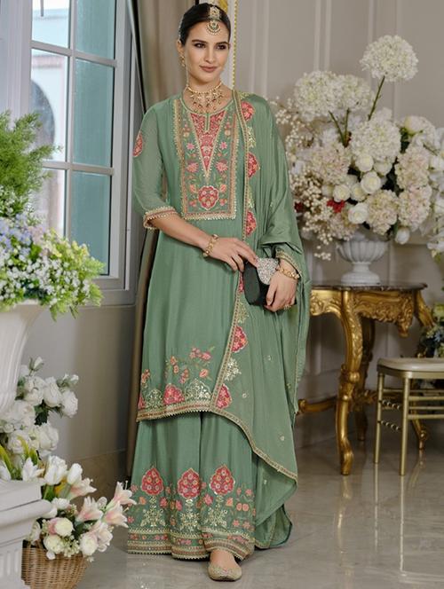 women three quarter sleeve kurta sharara with dupatta set - 22052756 - Standard Image - 0