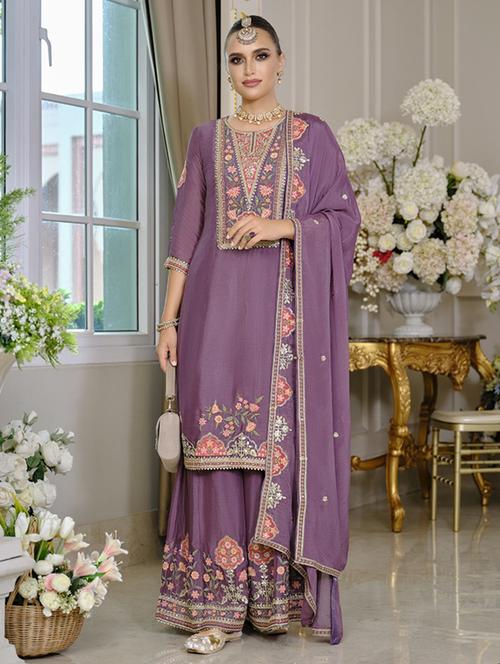 women three quarter sleeve kurta sharara with dupatta set - 22052757 - Standard Image - 0