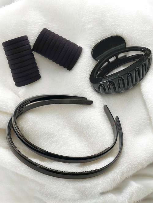 set of black solid rubber bands and 1 hairband and clutcher - 22052842 - Standard Image - 0
