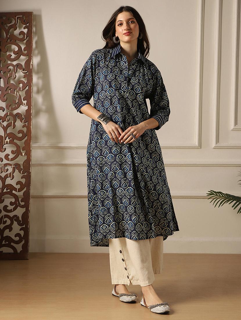indigo cotton aline kurta - 22052914 -  Zoom Image - 0