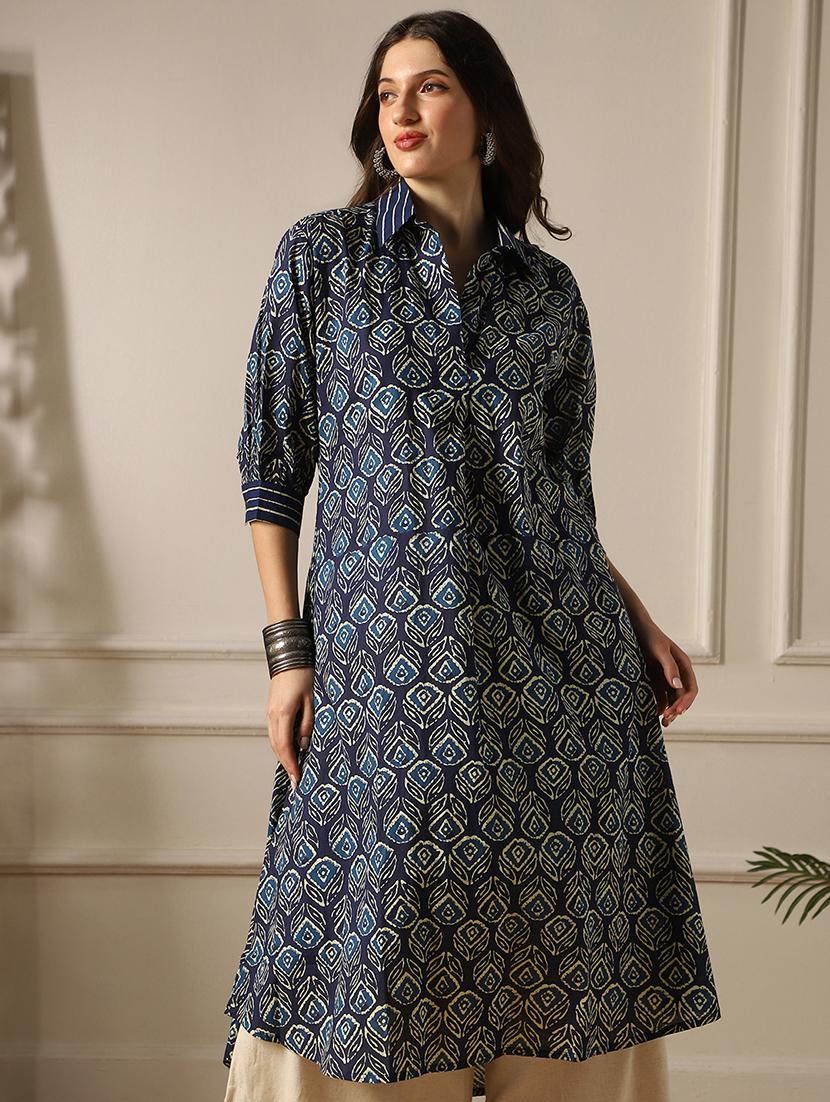 indigo cotton aline kurta - 22052914 - Standard Image - 3