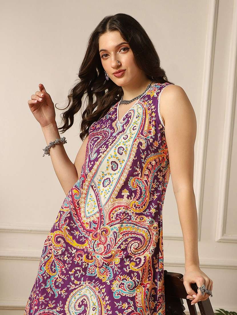 globus women purple paisley ethnic print lace detail v-neck sleeveless a-line kurta & pant fusion set - 22052917 -  Standard Image - 3