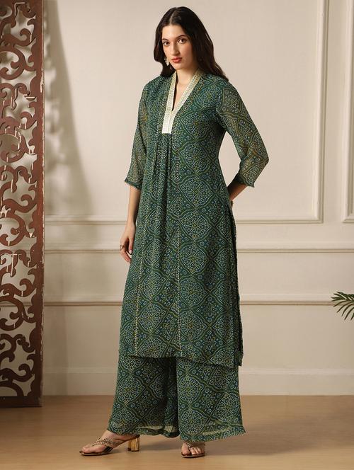 women bandhani printed v neck kurta palazzo set - 22052918 - Standard Image - 0
