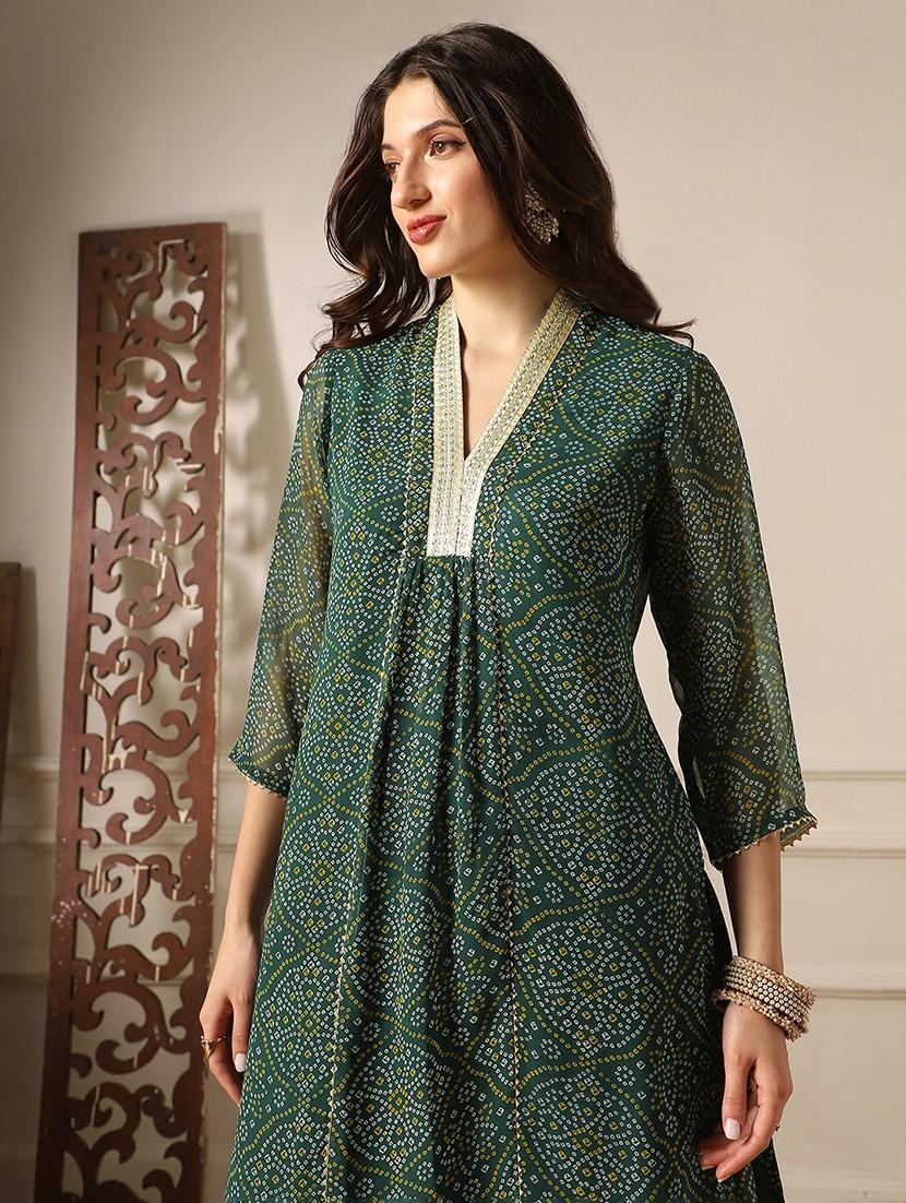 women bandhani printed v neck kurta palazzo set - 22052918 - Standard Image - 3