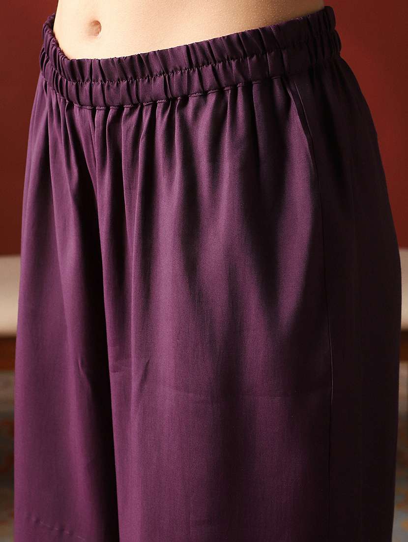 globus women purple zari embroidered v-neck panelled anarkali kurta & wide leg pants festive set - 22052919 -  Standard Image - 5