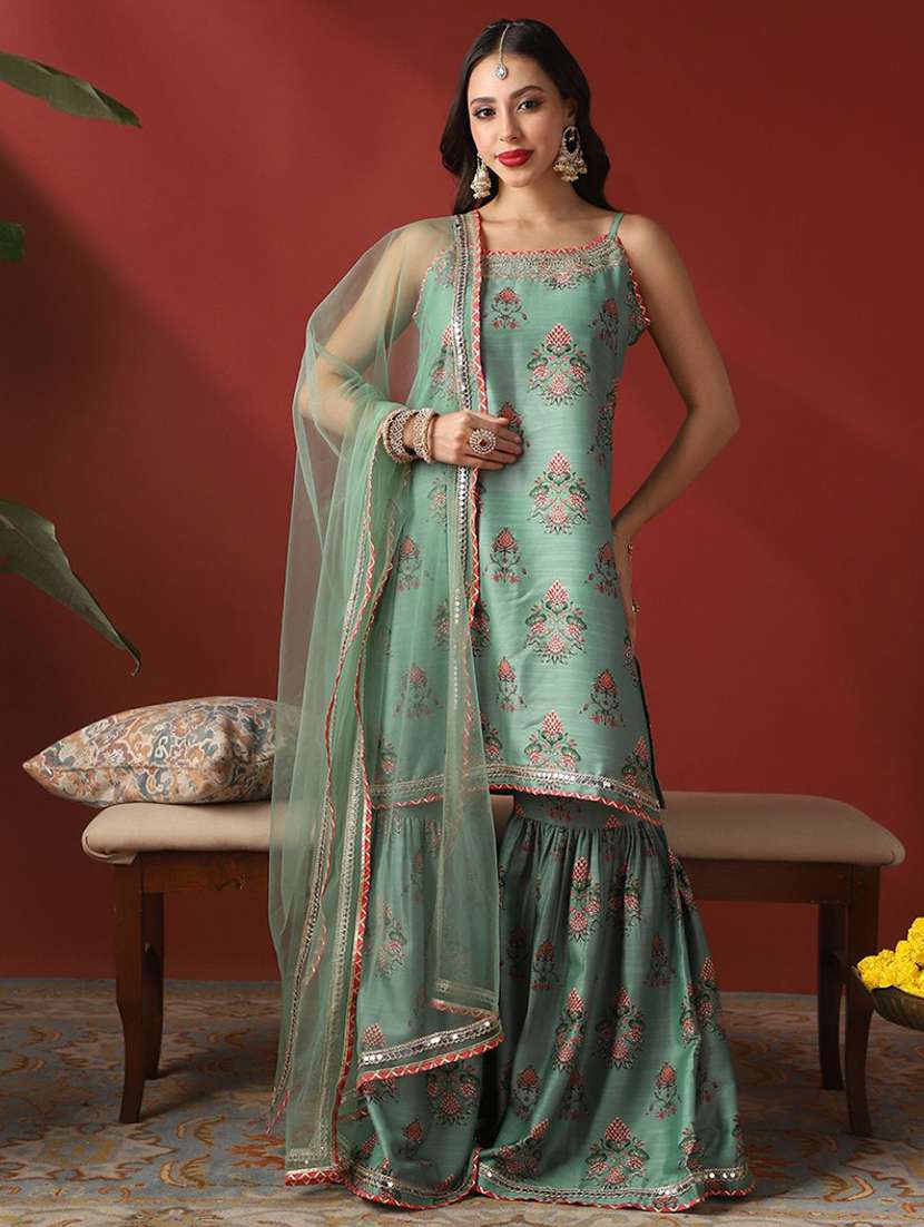 globus women mint ethnic print embroidered round neck strappy sleeves kurta with sharara & dupatta festive set