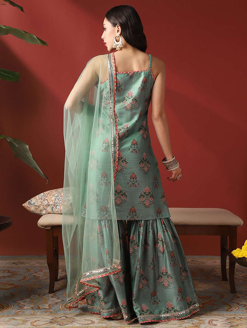 globus women mint ethnic print embroidered round neck strappy sleeves kurta with sharara & dupatta festive set - 22052920 -  Standard Image - 3